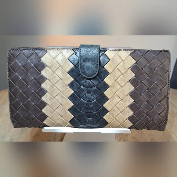Bottega Veneta Intreccaito Black Brown and Tan Woven Wallet Clutch